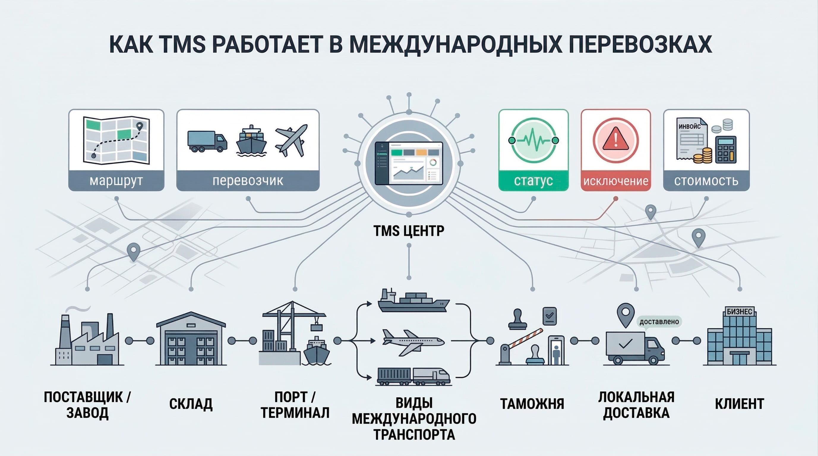 инфорграфика процесс международной перевозки с этапами планирования, исполнения и контроля в TMS