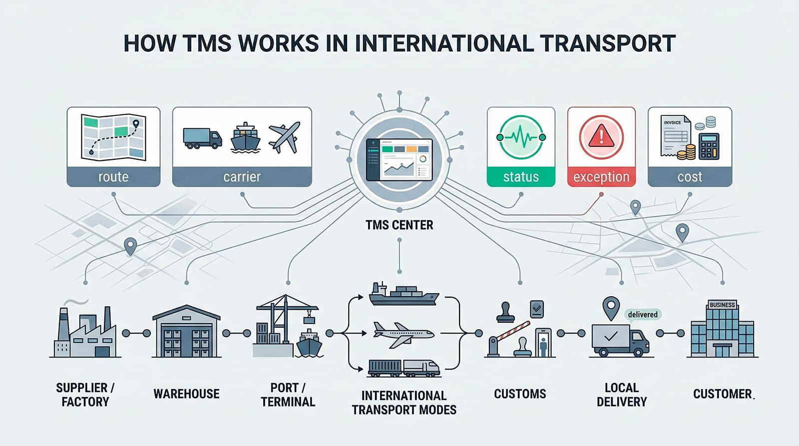 infografía del proceso de transporte internacional con etapas de planificación, ejecución y control en TMS