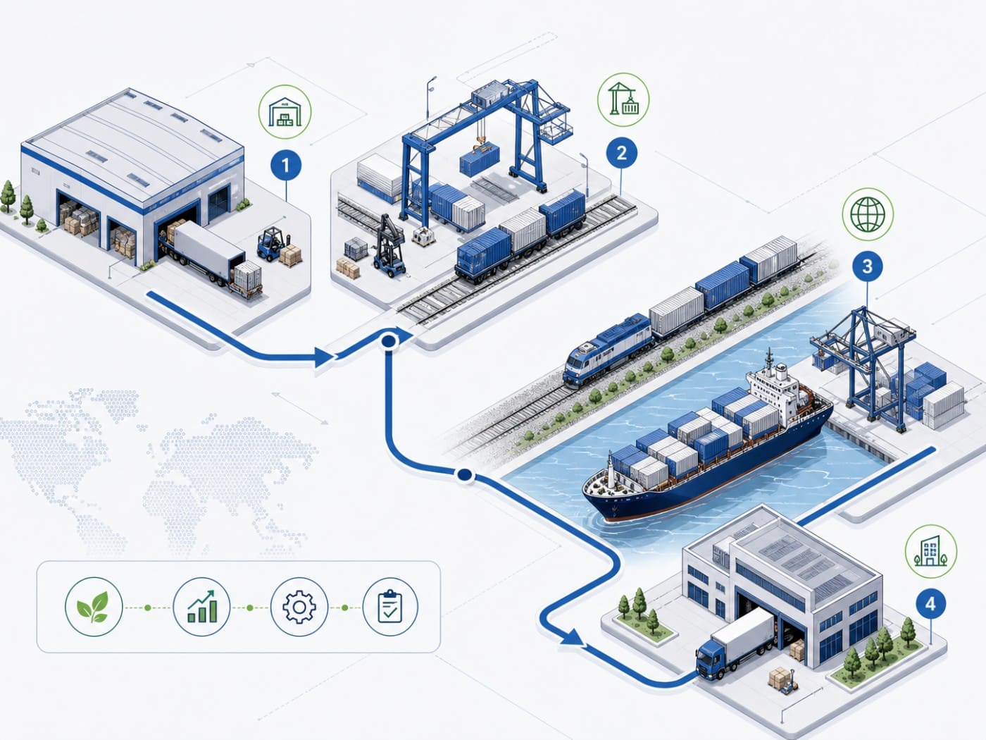 Infographic showing cargo consolidation and planned shipment as a way to improve vehicle utilization and reduce the carbon footprint of transportation