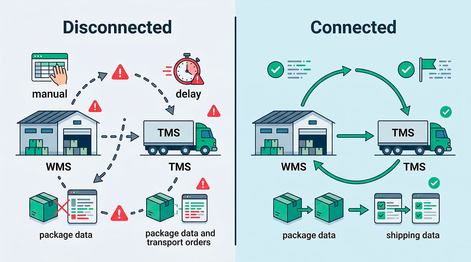 infografía sobre la integración de WMS y TMS y el intercambio de datos entre almacén y transporte