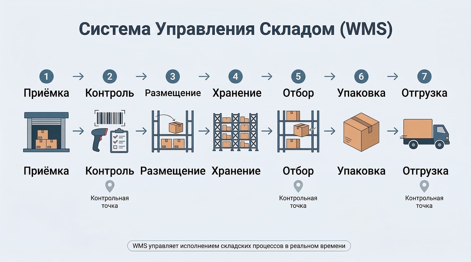 инфорграфика процесс складской обработки: приемка, хранение, комплектация и отгрузка в WMS