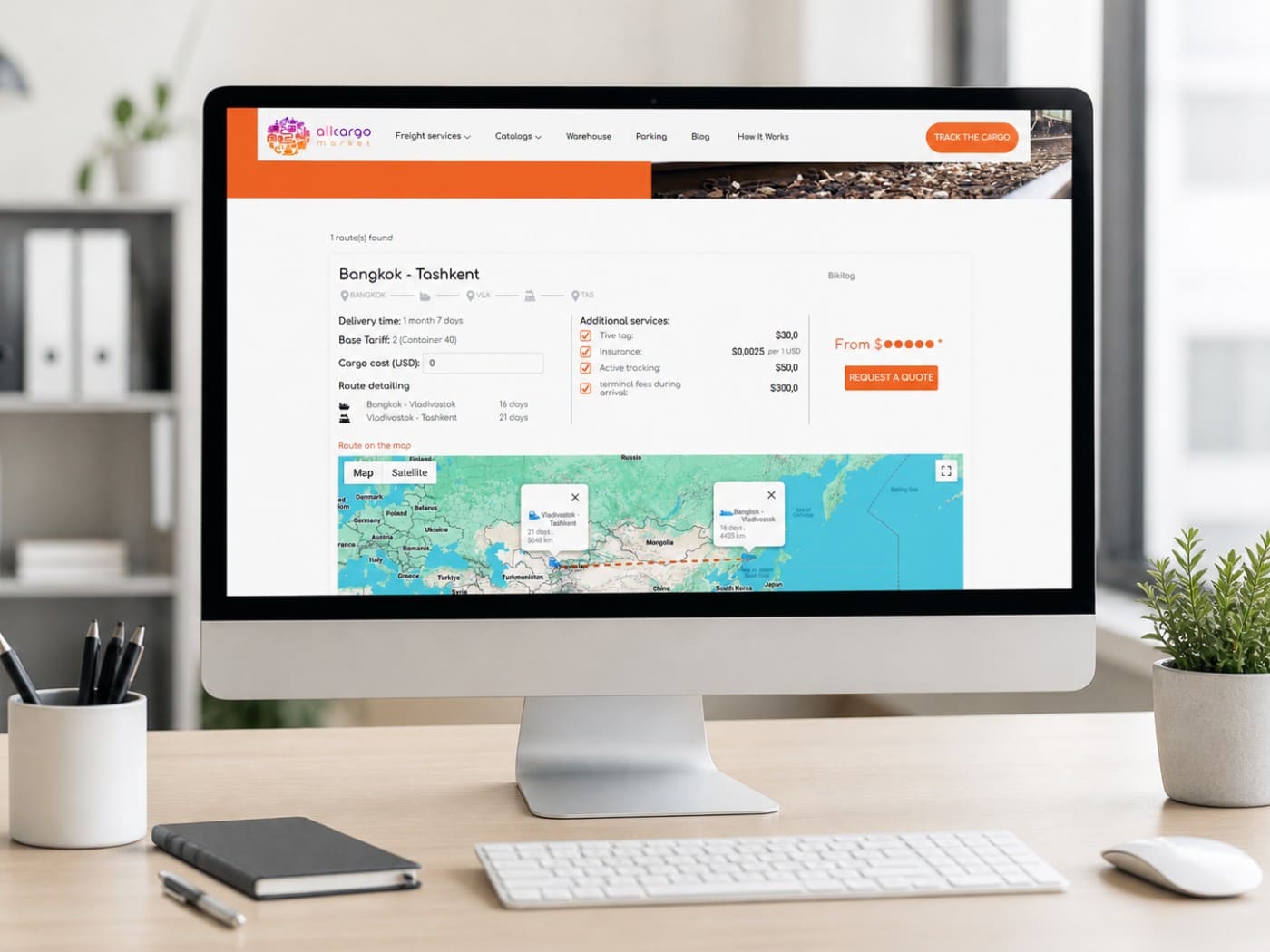 Interfaz de una plataforma logística digital para comparar opciones de transporte por plazo, coste, ruta y condiciones de entrega