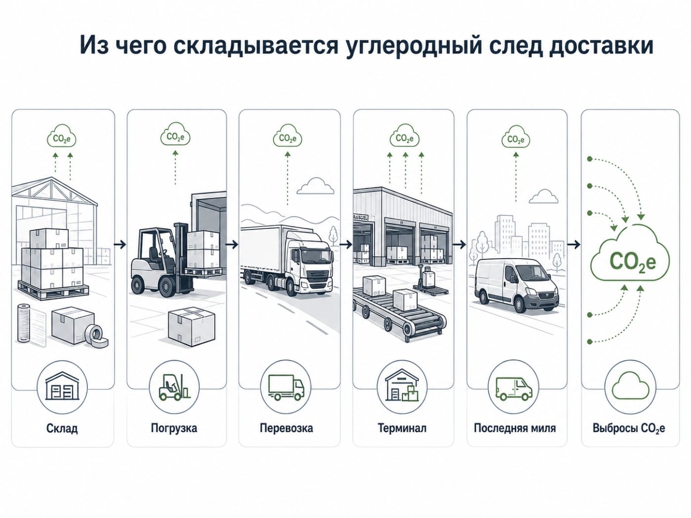 Infographic of the carbon footprint of delivery with freight transport, a route and a CO2e indicator in the logistics chain